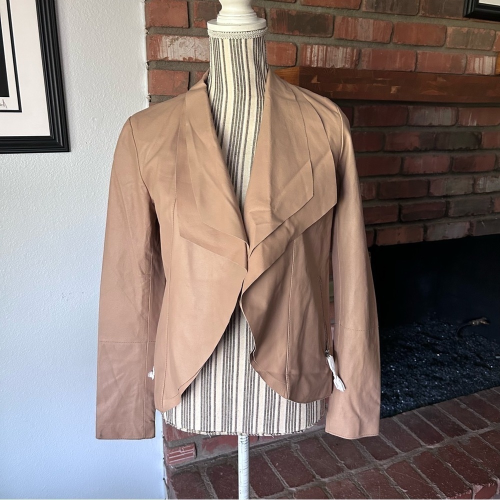 NWOT Soia & Kyo Cascading Open Front Lambskin Leather Jacket in Tan Sz XXS